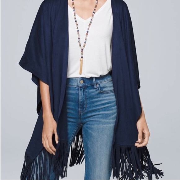 WHBM Faux Suede Fringe Ruana Wrap Poncho Navy Blue One Size - Picture 1 of 12